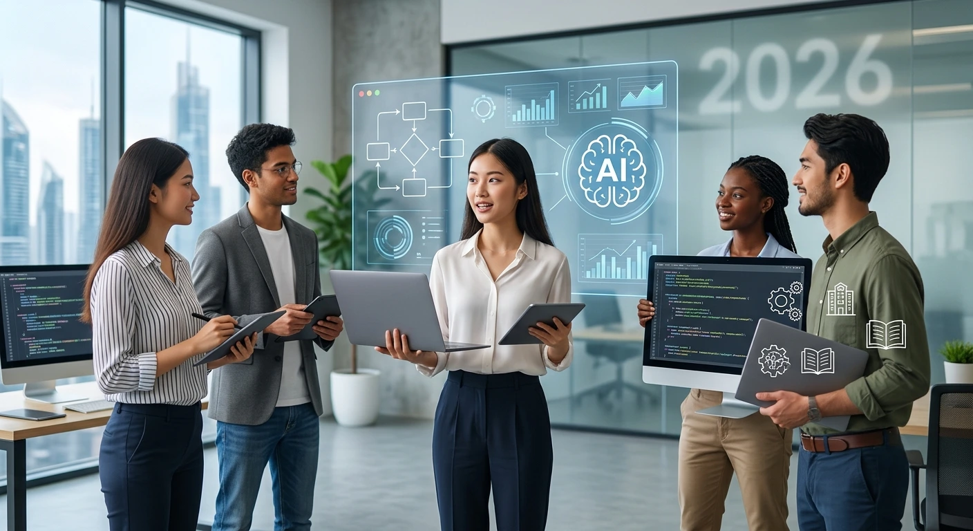 Diverse group of young professionals collaborating in a modern office, highlighting key recruiter expectations for freshers entering the workforce.