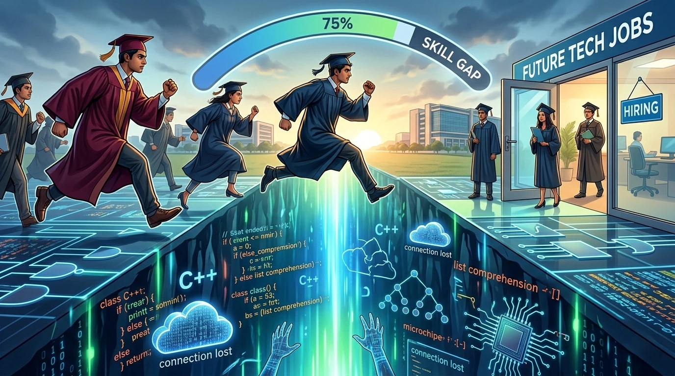 Skill Gap in IT Industry illustration showing graduates struggling to meet modern IT job and AI skill requirements in 2026.