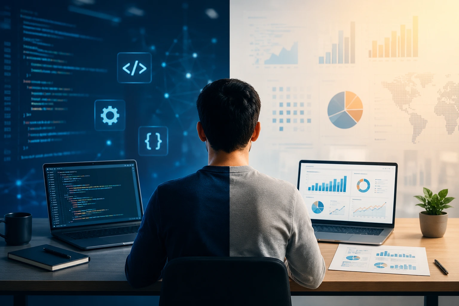 Software Developer vs Data Analyst career comparison showing a programmer coding on one side and a data analyst working with dashboards on the other
